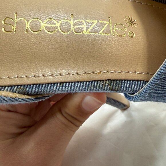 Shoe Dazzle Blue Denim Heels with Brown Strap - Picture 11 of 16
